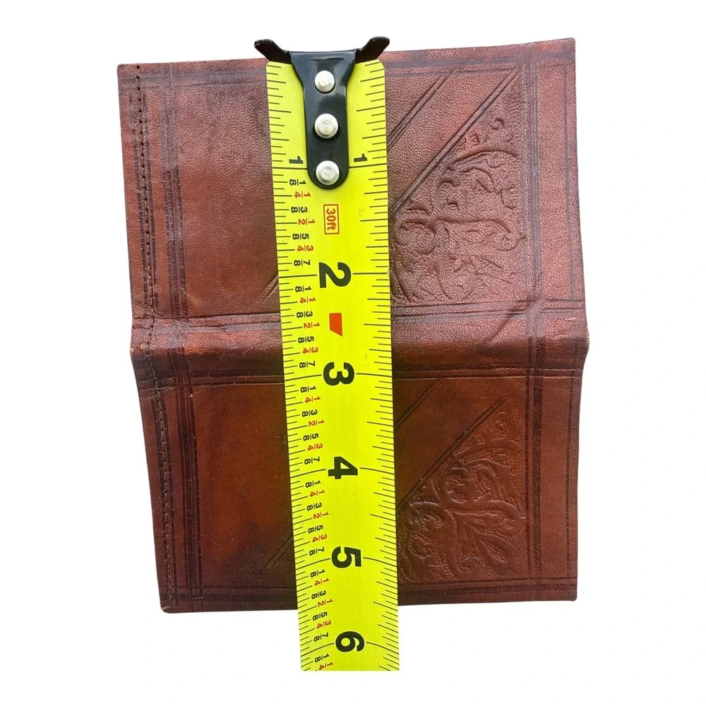 Vintage Tooled Leather Bifold Wallet Brown Boho Western Artisan Handmade
